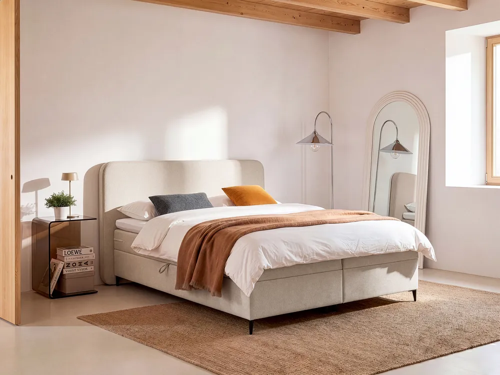 Boxspringbett mit Stauraum REGENT Stoff Hellbeige 160 x 200 cm