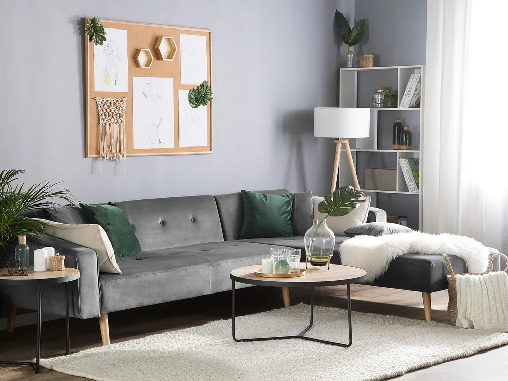 Eckschlafsofa 4-Sitzer VADSO Samtstoff Grau linksseitig