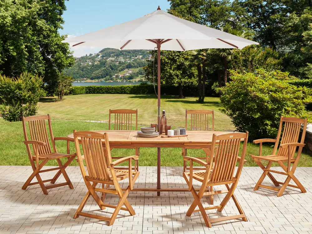 Gartenmöbel Set 6-Sitzer MAUI II mit Schirm (12 Optionen) Akazienholz Hellbraun