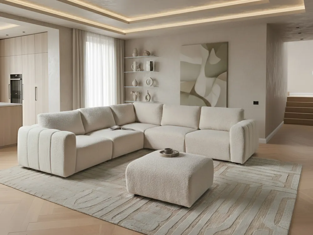 Modul Ecksofa 5-Sitzer KIVVIK mit Ottomane Bouclé Cremeweiß rechtsseitig