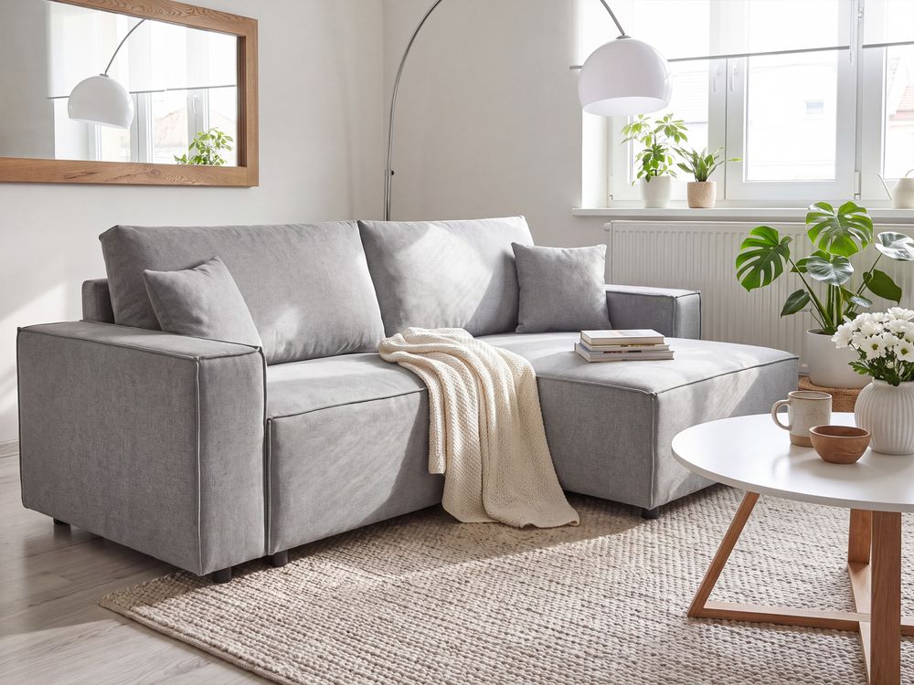 Eckschlafsofa KARILA mit Stauraum Stoff Grau linksseitig