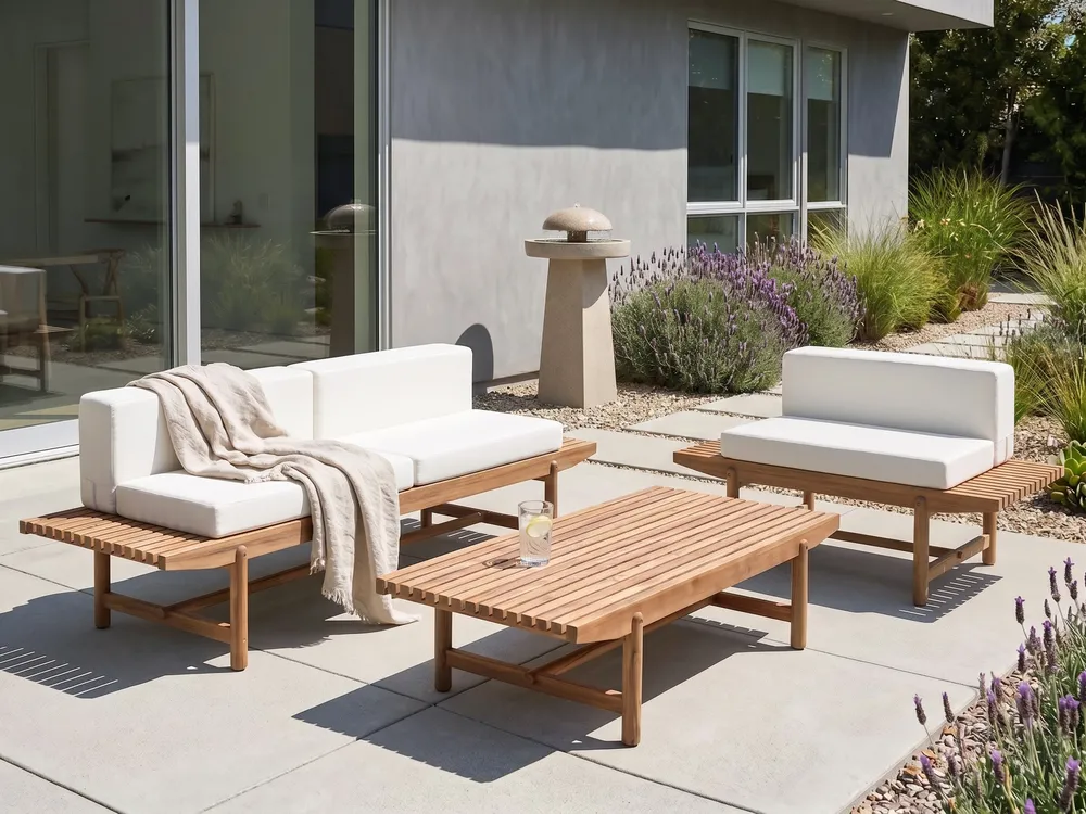 Lounge Set mit Tisch 3-Sitzer GIAVENO Akazienholz Cremeweiß_989211
