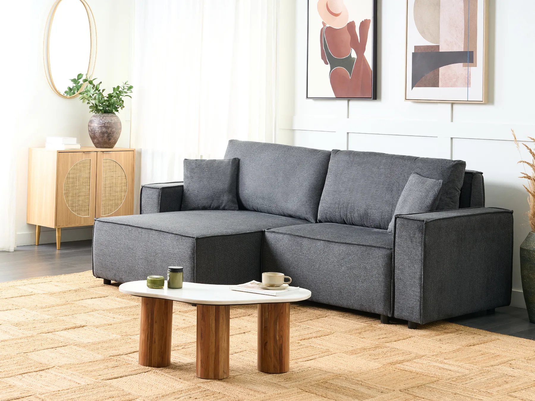 Eckschlafsofa 3-Sitzer KARILA mit Stauraum Stoff Dunkelgrau rechtsseitig_886045