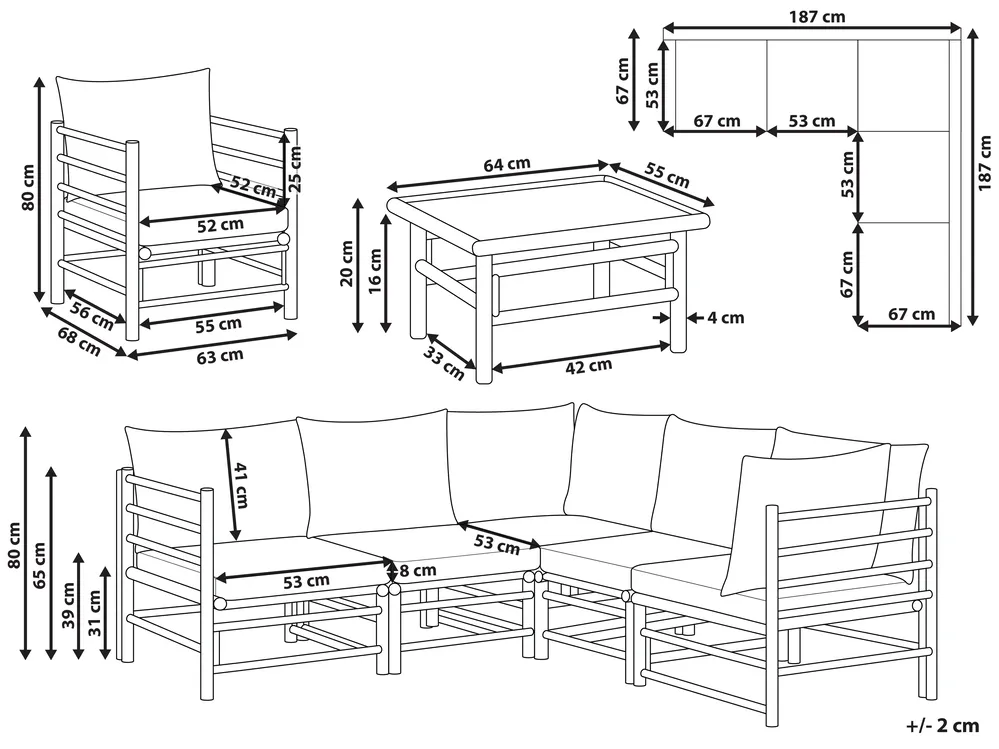 Lounge Set mit Tisch 6-Sitzer CERRETO Bambus Cremeweiß_909624