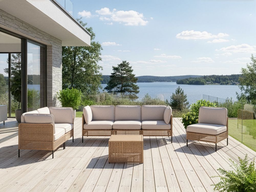 Lounge Set mit Tisch 6-Sitzer OMEGANA modular Polyrattan Hellbeige