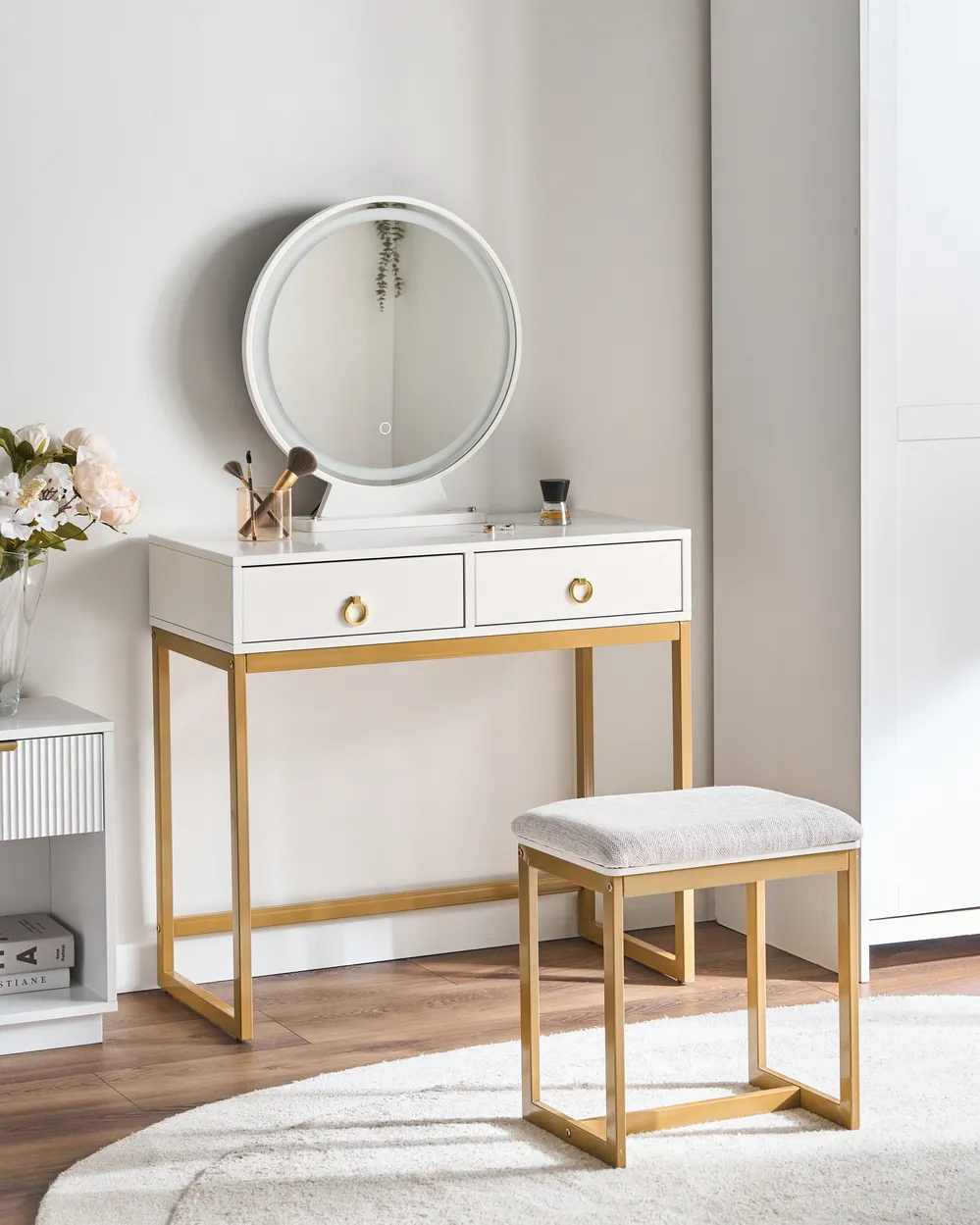 gold and white dressing table Glass Top Makeup Vanity Set with Bench Lighted Mirror White Gold Modern - Sikaic