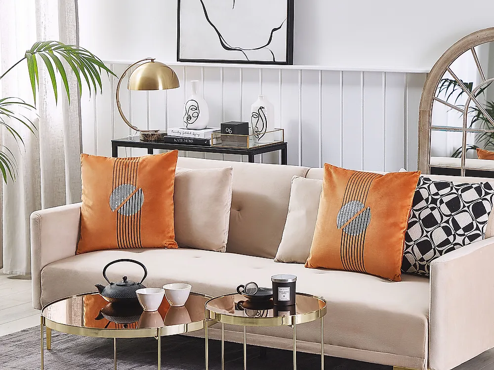 Dekokissen 2er Set CEROPEGIA 45 x 45 cm Samtstoff Orange Geometrisches Muster_1178151