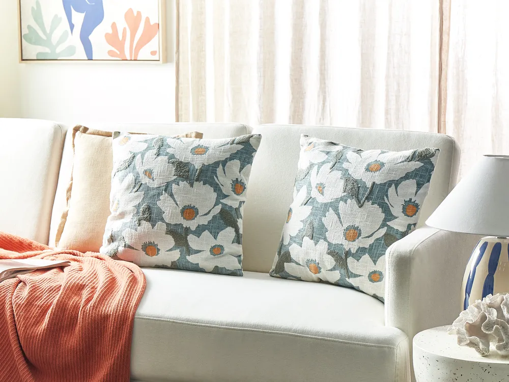 Dekokissen 2er Set JATROPHA 45 x 45 cm Baumwolle Hellblau Blumenmuster
