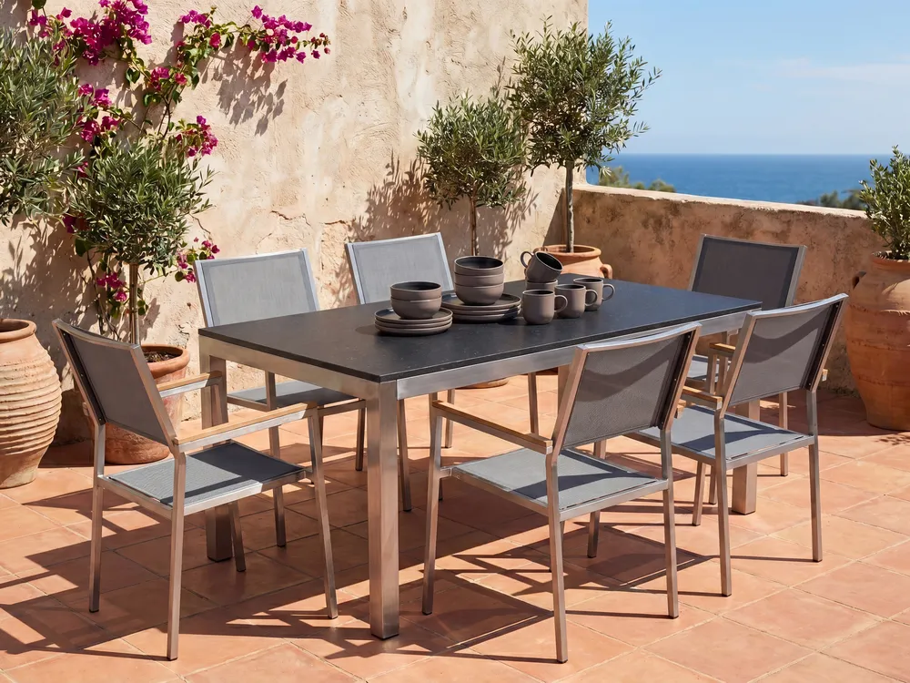 Gartenmöbel Set 6-Sitzer GROSSETO Granit poliert Grau / Schwarz_767031