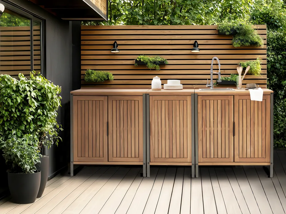 Outdoor-Küche 3er Set mit Spüle IVREA Braun / Silber zertifiziertes Akazienholz