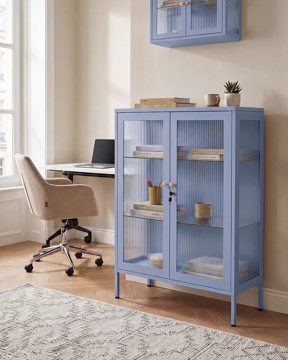 Vitrine mit Glastüren HARLYN  90 cm Metall Blau