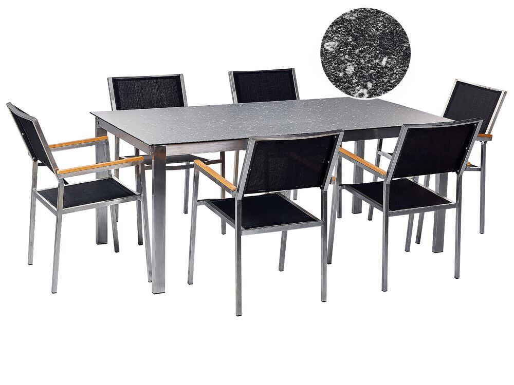 Tuinset 6-zits COSOLETO/GROSSETO Veiligheidsglas Granieteffect Zwart