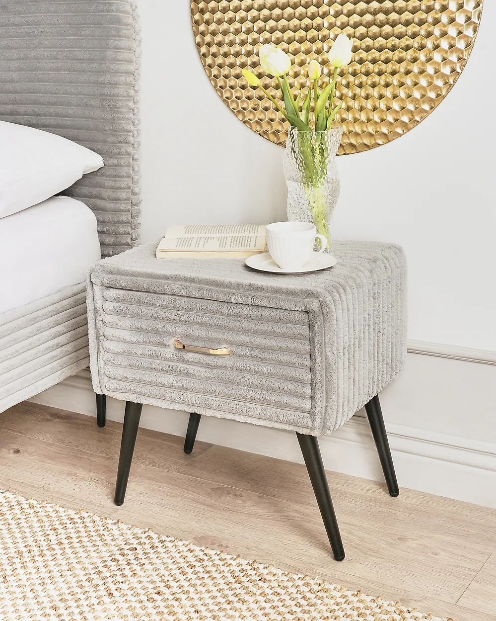 Nachttisch mit 1 Schublade FLAYAT Cord Hellgrau