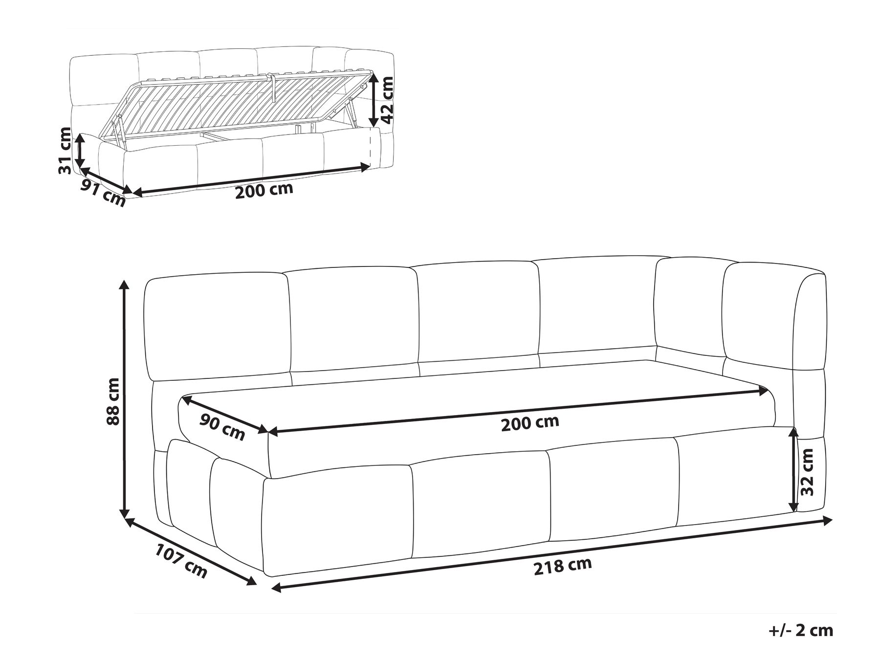 Tagesbett Stoff JACOU 90 x 200 cm mit Stauraum rechtsseitig Hellbeige_1092732