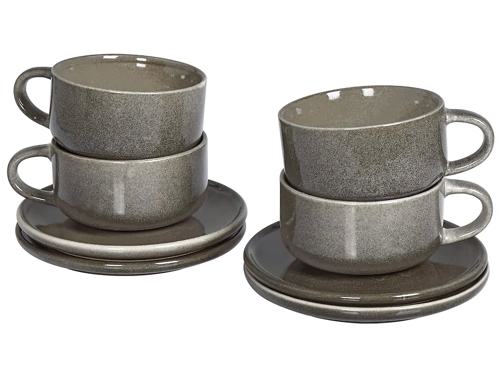 Tassen 4er Set mit Untertellern COSTMARY Steinzeug Grau