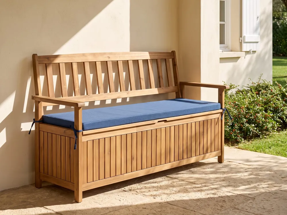 Gartenbank mit Auflage SOVANA 160 cm mit Stauraum Akazienholz Blau