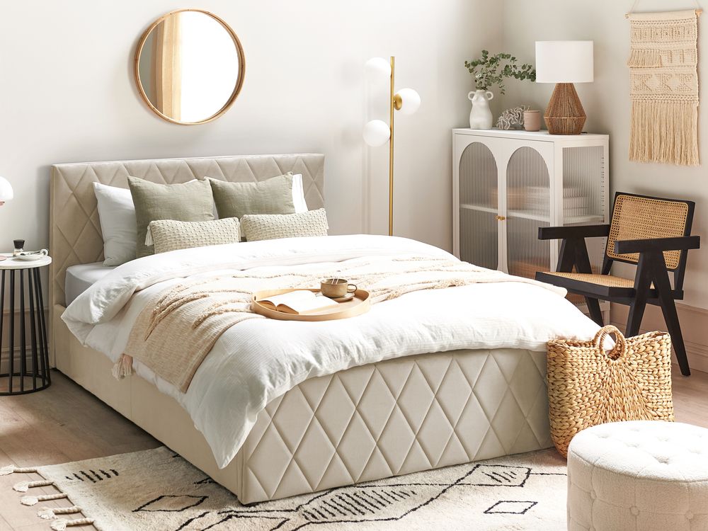 Bett mit Stauraum ROCHEFORT Samtstoff Beige 140 x 200 cm