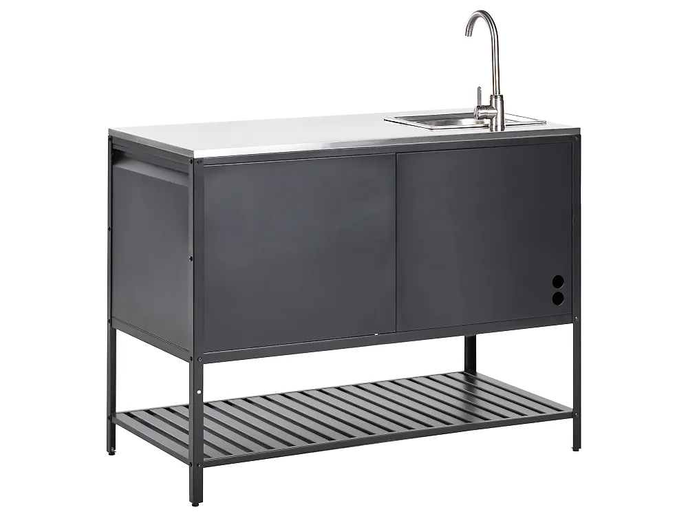 Produktbild von Beliani Outdoor-Küchenschrank 120x60x127 Cm – Stahl Schwarz Mit Spüle & Edelstahlplatte, 3 Türen