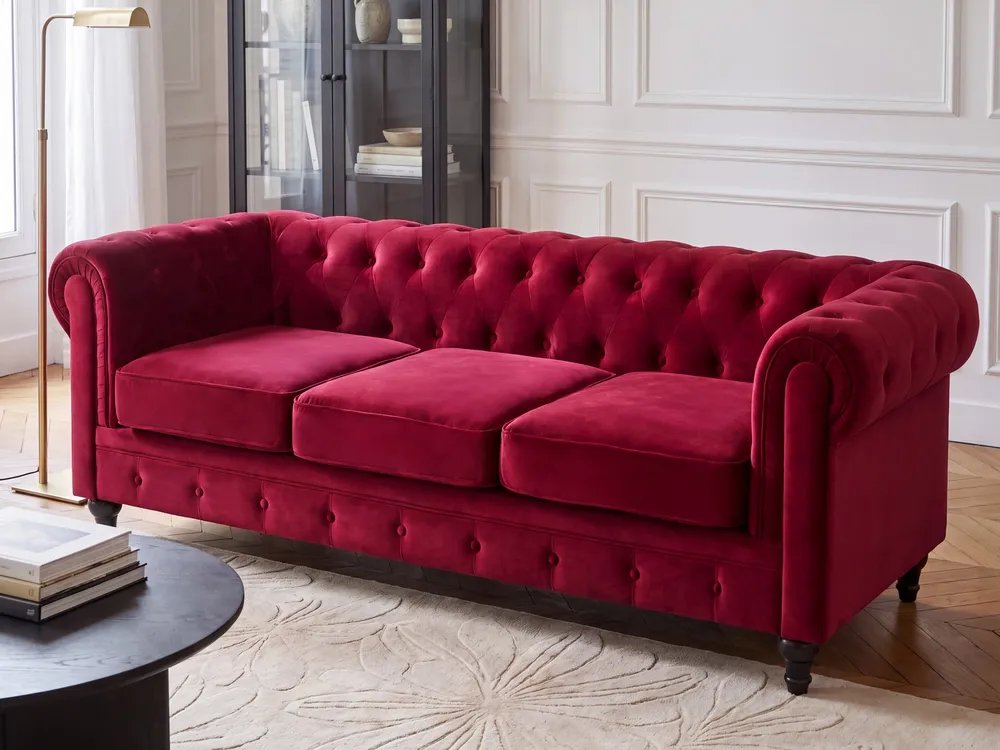 Sofa 3-znamenkasti CHESTERFIELD Samet Tamnocrvena