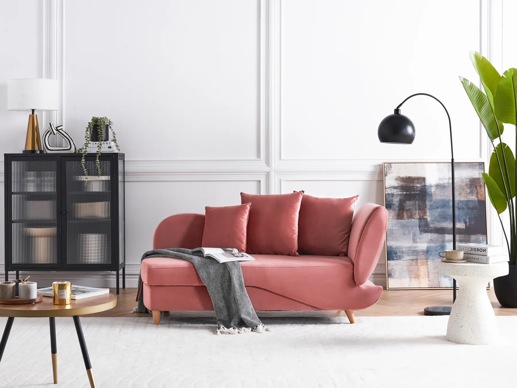 Rechtsseitige Chaiselongue MERI mit Stauraum Samtstoff Rosa_914300
