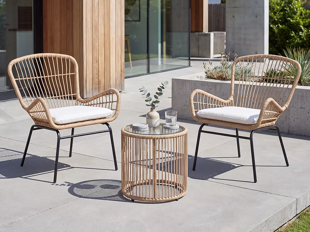 Bistro Set with Cushions LABICO PE Rattan Light Brown_1174956