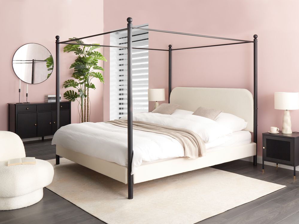 Four Poster Bed Boucle DANNEMOIS 180 x 200 cm (EU Super King) Off-White