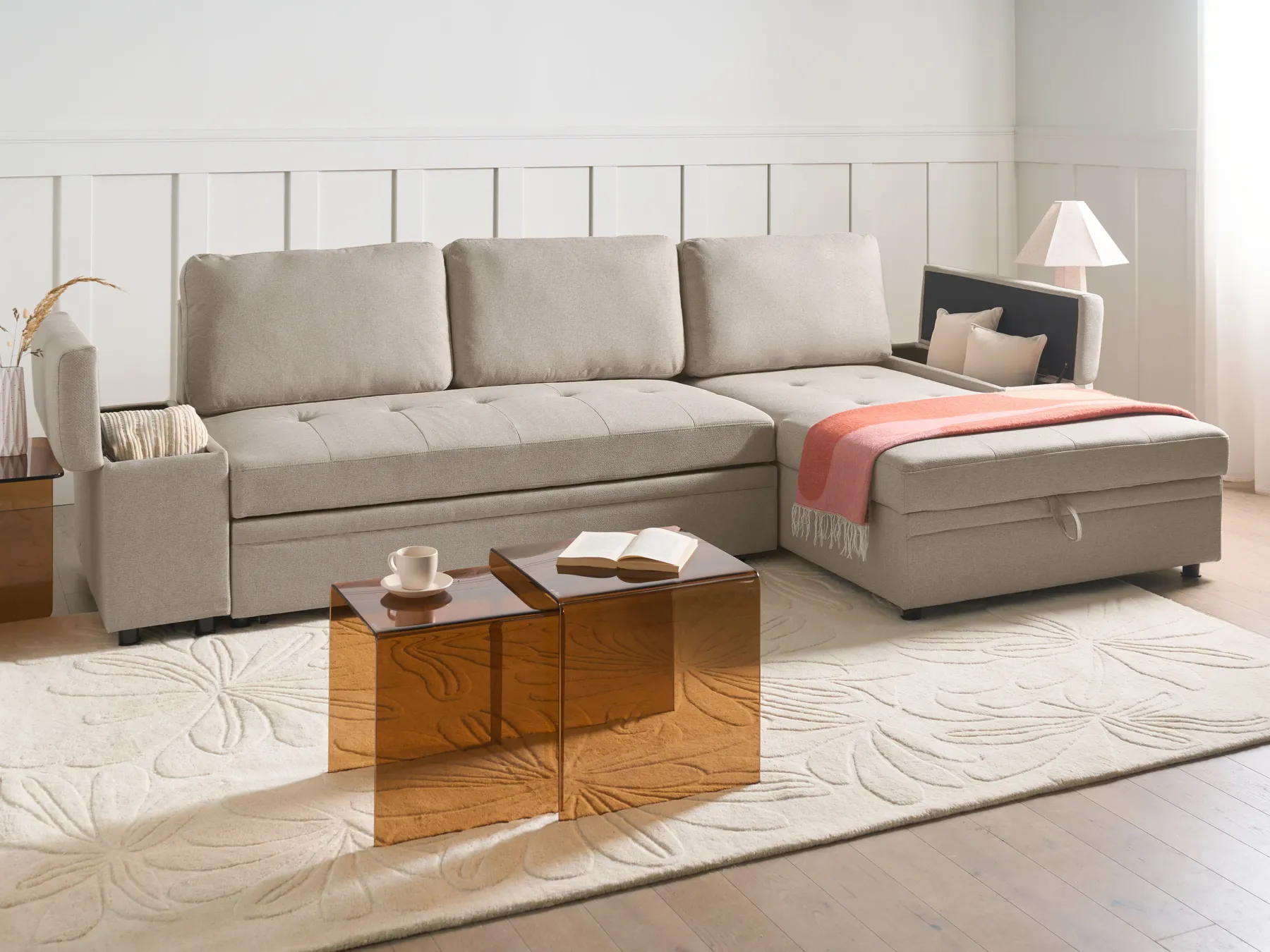 Corner Sofa Bed 3 Seater HRISEY Faux Linen Beige Left Hand_1033423