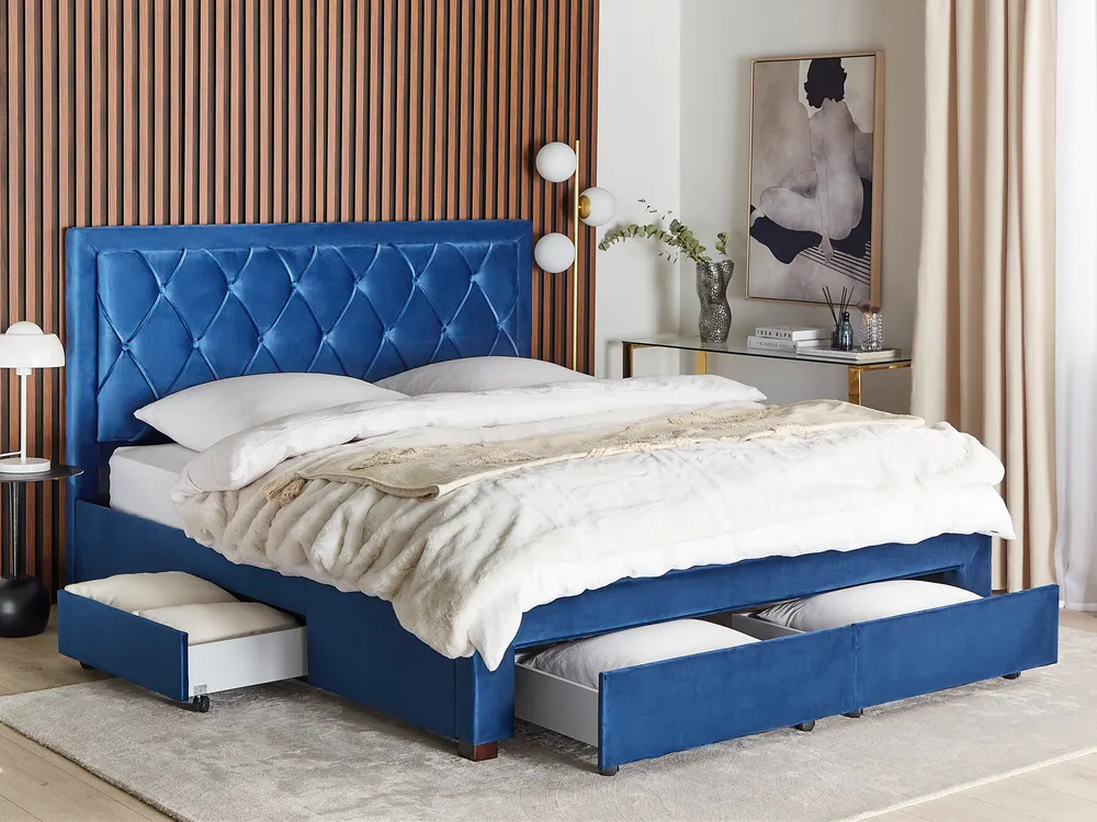Bett mit Schubladen LIEVIN Samtstoff Marineblau 180 x 200 cm