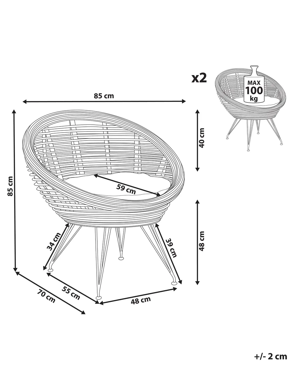 Set mit 2 Stühlen und Sitzkissen MARATEA Rattan Naturfarben_878375