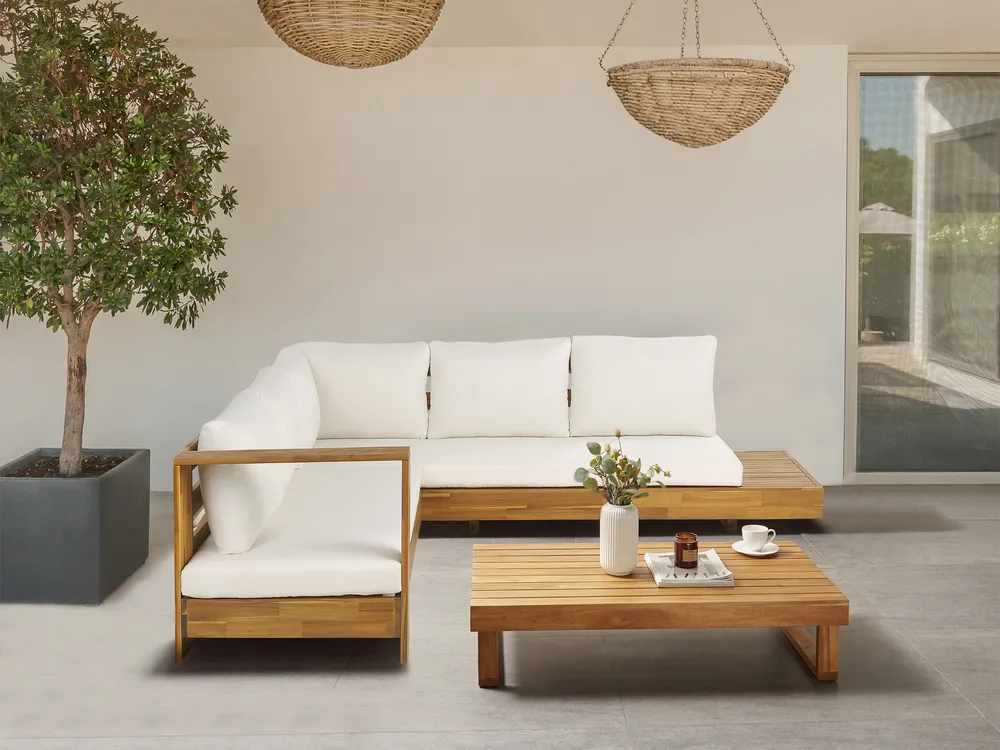 Garten Ecksofa mit Tisch 5-Sitzer MARETTIMO zertifiziertes Akazienholz Cremeweiß rechtsseitig