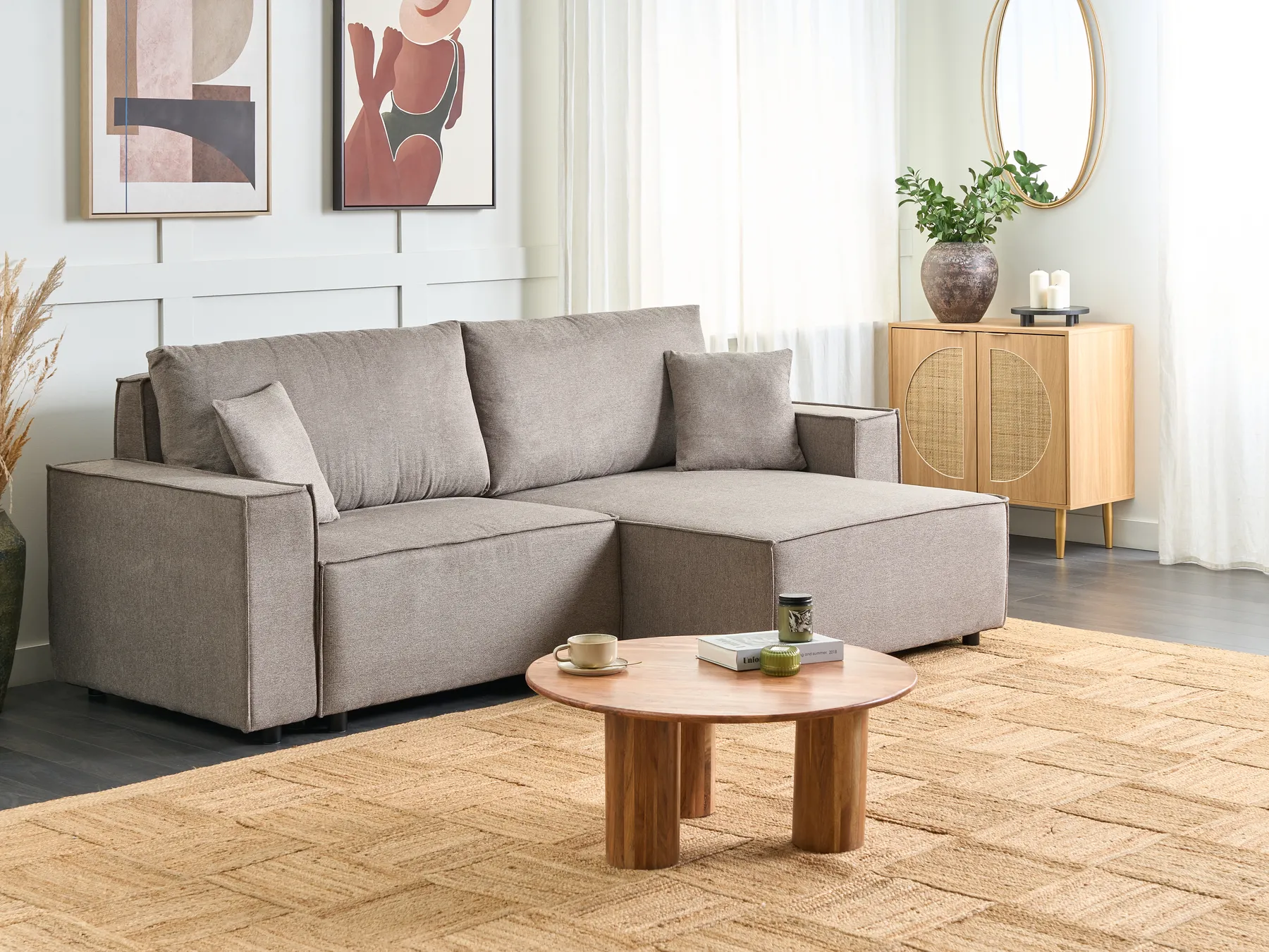 Sofa Bed 3 Seater KARILA with Storage Fabric Taupe Left Hand_886019