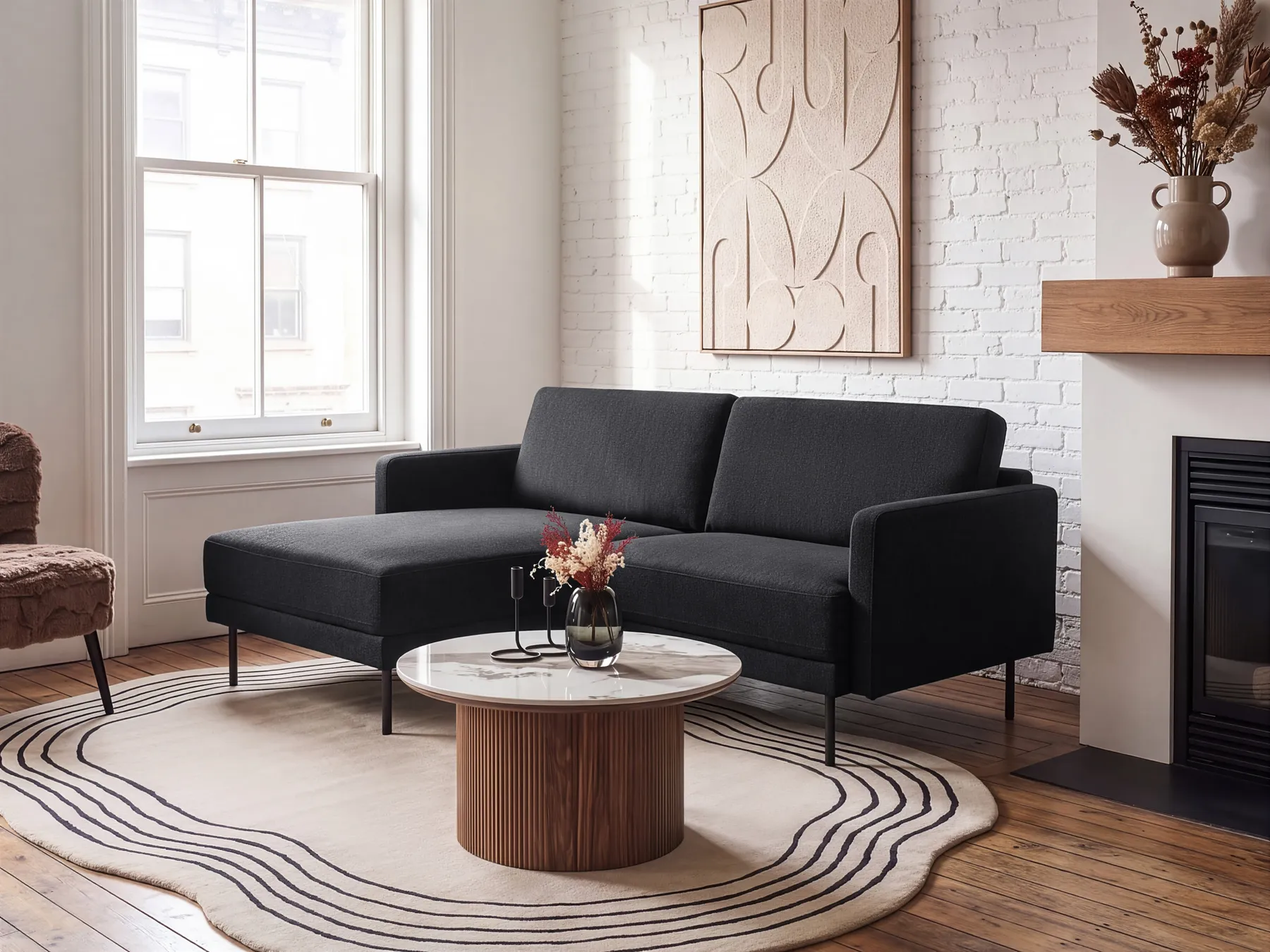 Ecksofa 2-Sitzer BREDA Stoff Schwarz rechtsseitig_946098