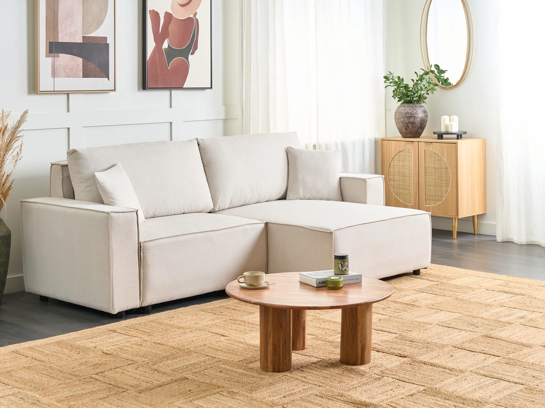 Schlafsofa 3-Sitzer KARILA mit Stauraum Stoff Hellbeige linksseitig_885993