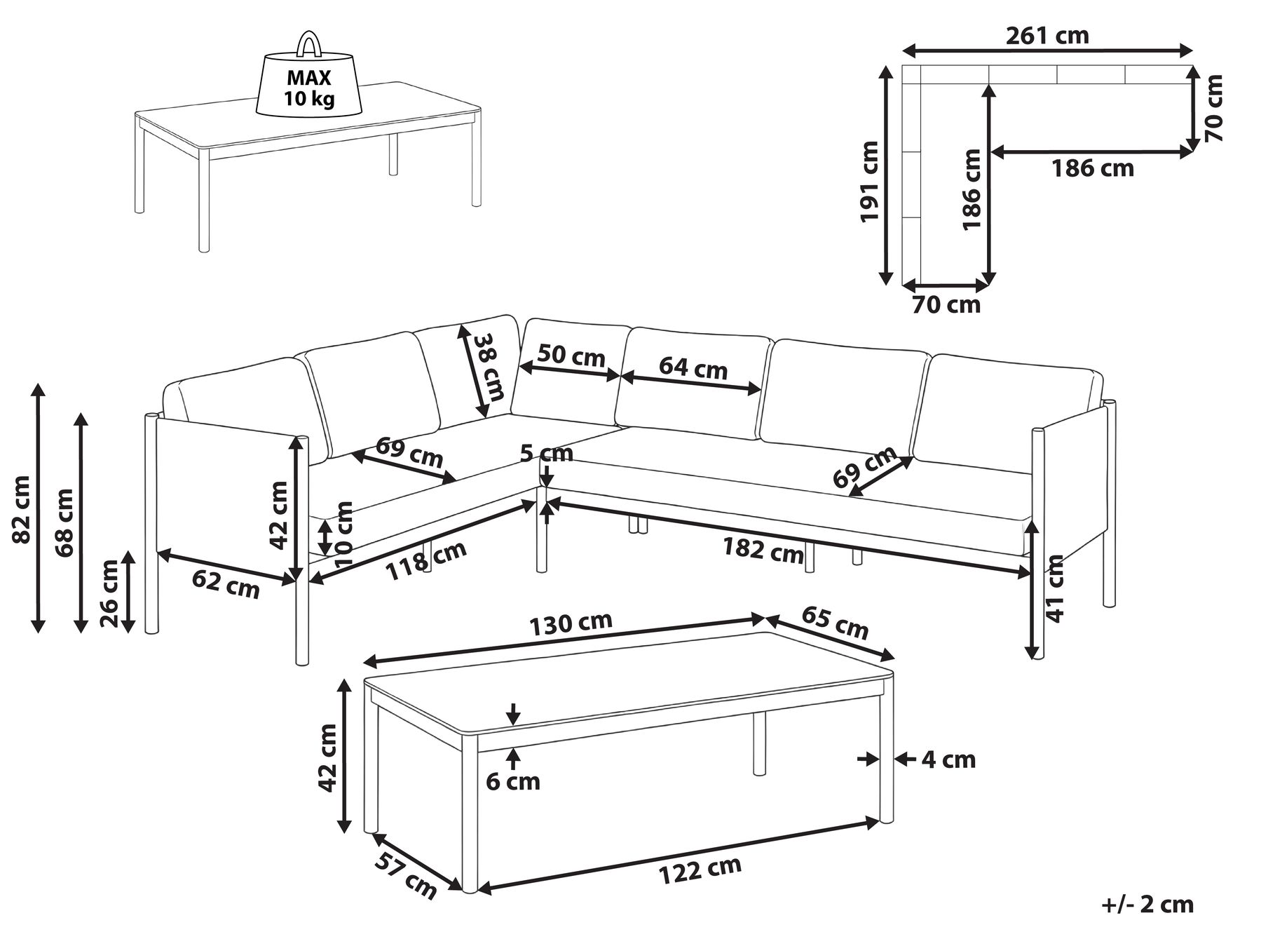 Garten Ecksofa mit Tisch 5-Sitzer TONARA Metall Hellbeige rechtsseitig_1125121