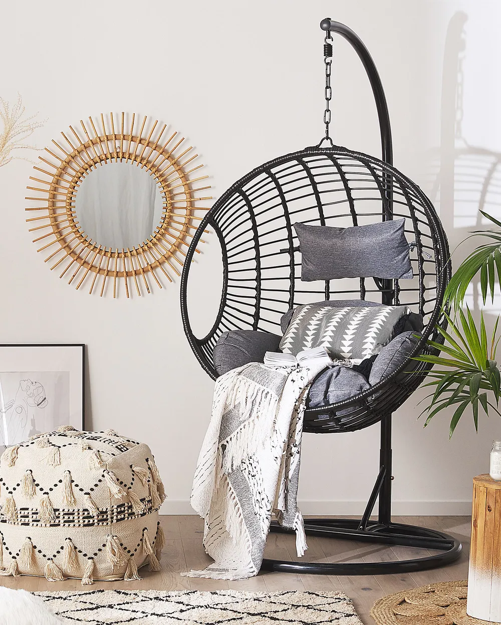 Hängesessel mit Gestell ASPIO Polyrattan Schwarz
