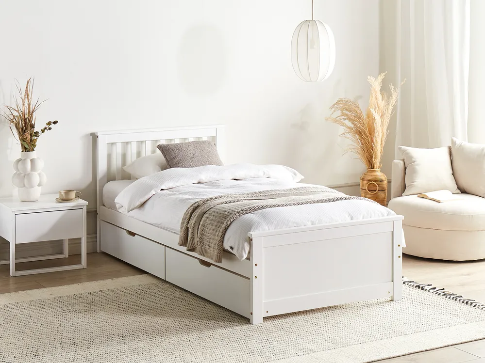 Bett mit 4 Schubladen OLENDON Kiefernholz Weiß 90 x 200 cm