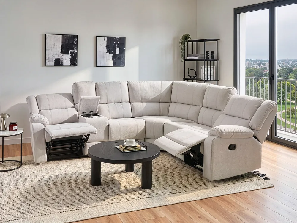 Ecksofa manuell verstellbar 5-Sitzer ROKKE Stoff Cremeweiß Hellbeige linksseitig_1105409