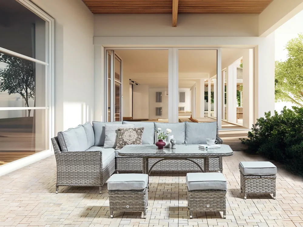 Garden Lounge Set with Table and Ottoman 9 Seater LACONA PE Rattan Light Grey Right Hand_918361