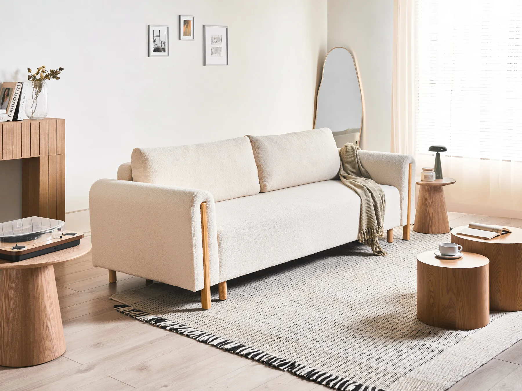 Schlafsofa 3-Sitzer KVAM mit Stauraum Bouclé Cremeweiß_1021856