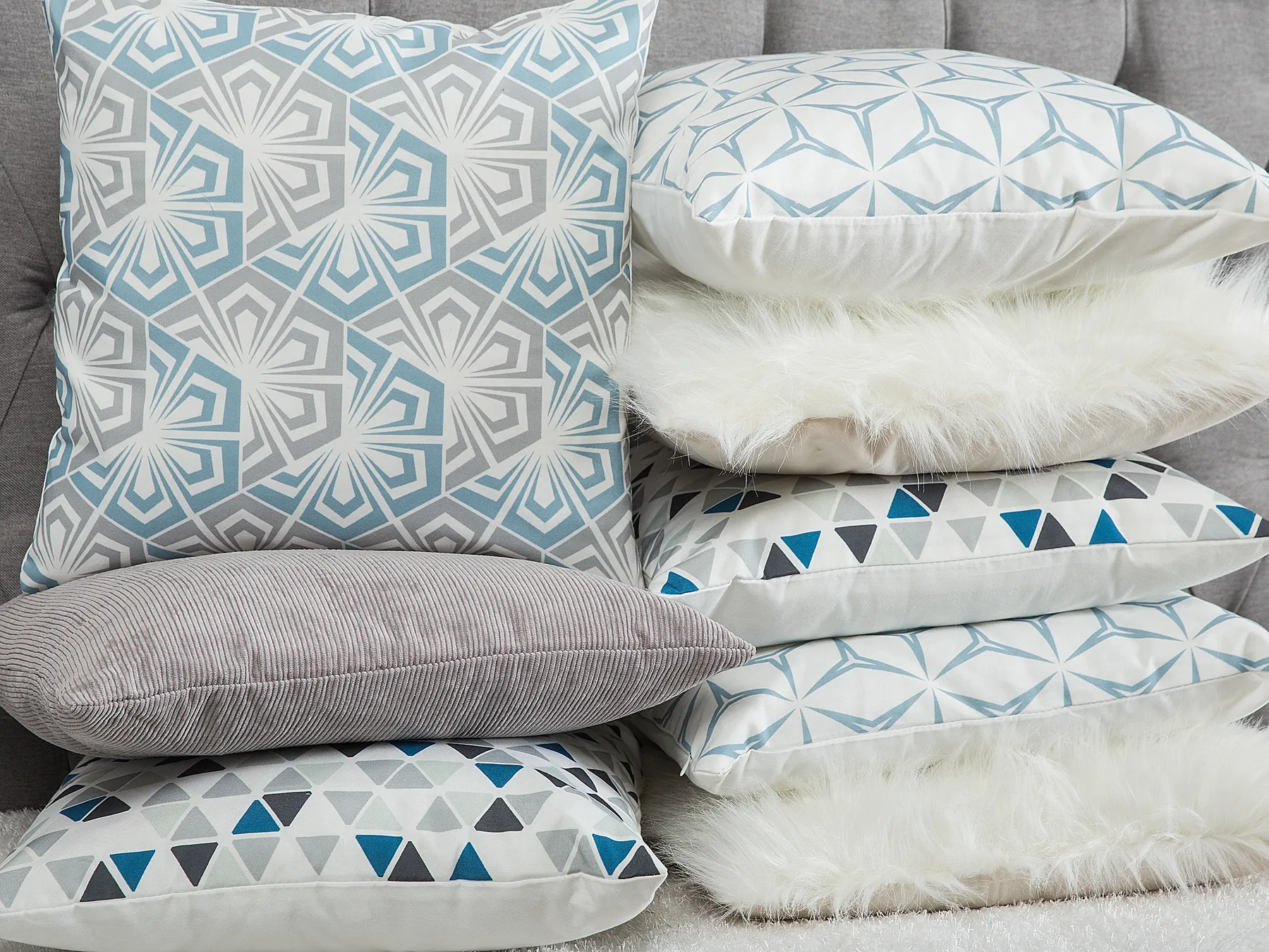 Set of 2 Decorative Cushions CLEOME 45 x 45 cm White Grey Blue Geometric Pattern_769299