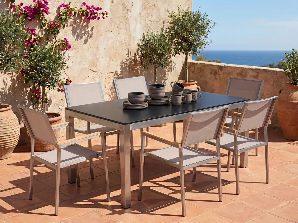 Garden Dining Set 6 Seater GROSSETO Tempered Glass Black/ Beige_1105768