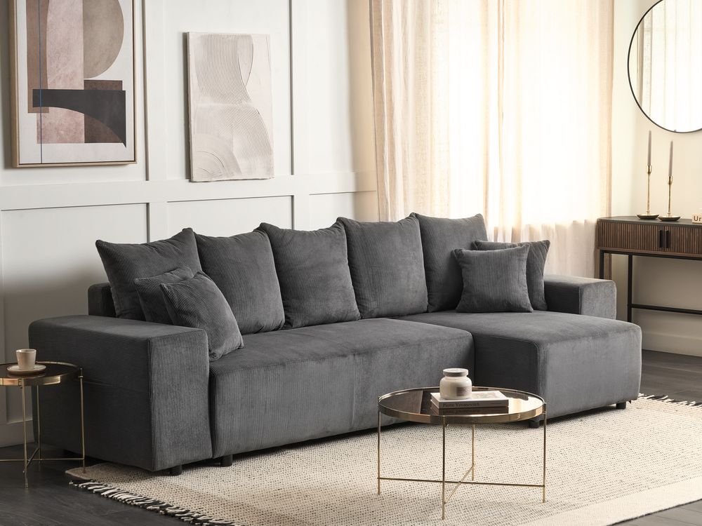 Corner Sofa Bed LUSPA with Storage Corduroy Dark Grey Left Hand