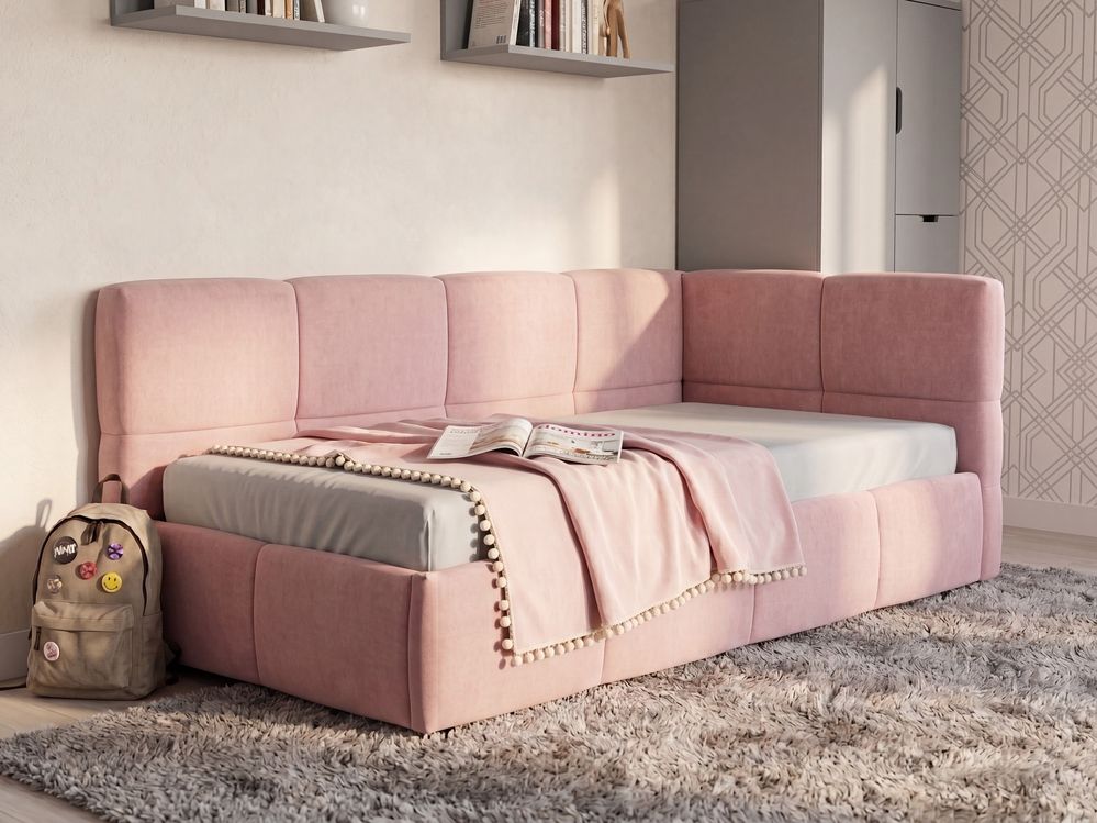 Bedbank Stof JACOU 90 x 200 cm met opbergruimte rechtszijdig Roze