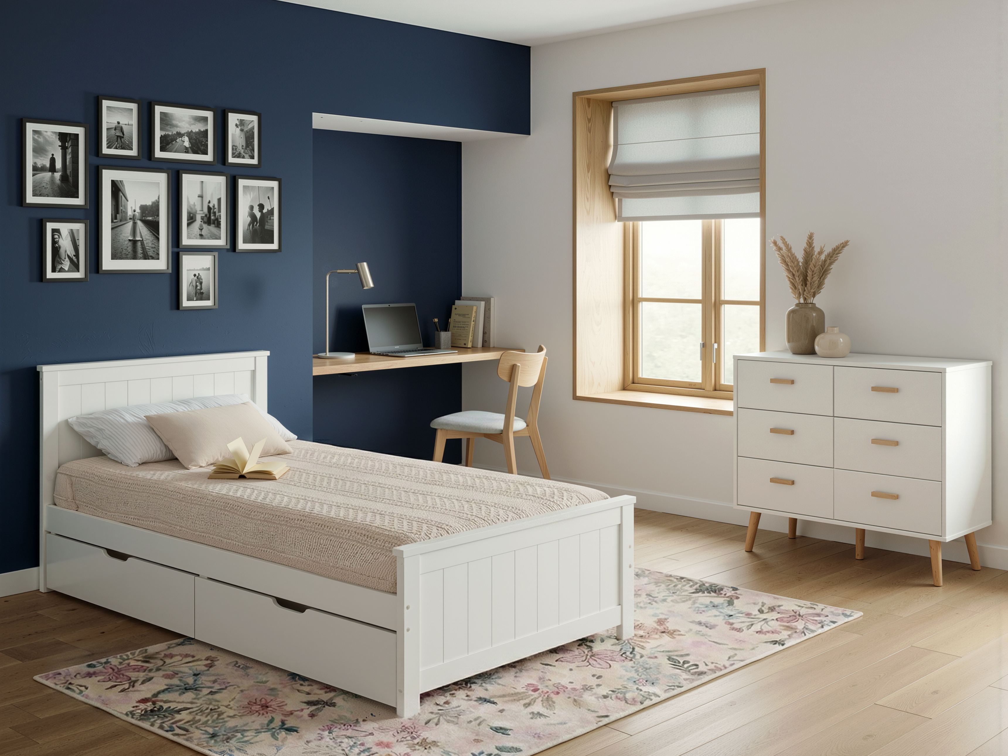 Bett mit 4 Schubladen SABRAN Kiefernholz Weiß 90 x 200 cm