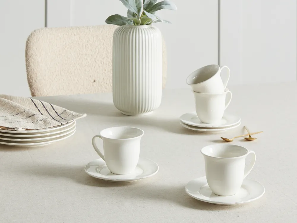 Tassen 4er Set mit Untertellern ELDERBERRY Porzellan Weiß