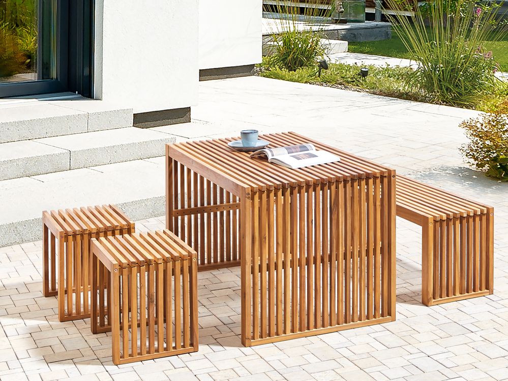 Gartenmöbel Set mit Bänken und Hockern 4-Sitzer BELLANO Akazienholz Braun
