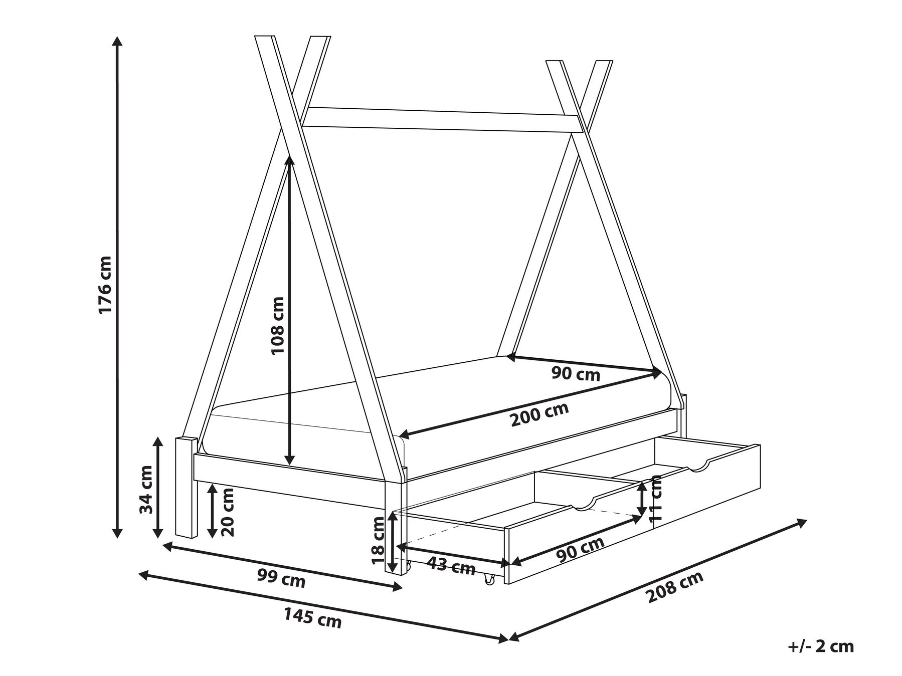 Dječji krevet s ladicama Teepee Borovo drvo DEVAY 90 x 200 cm Bijeli_963576