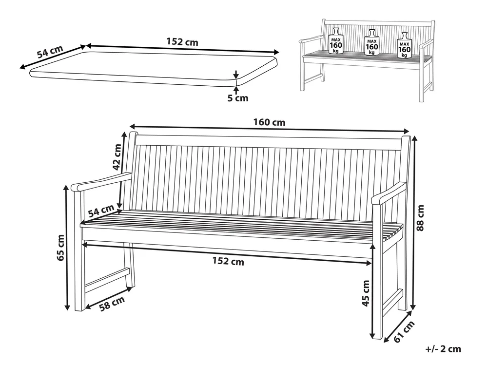 Gartenbank mit Auflage VIVARA 160 cm zertifiziertes Akazienholz Helle Esche Dunkelrot_809960
