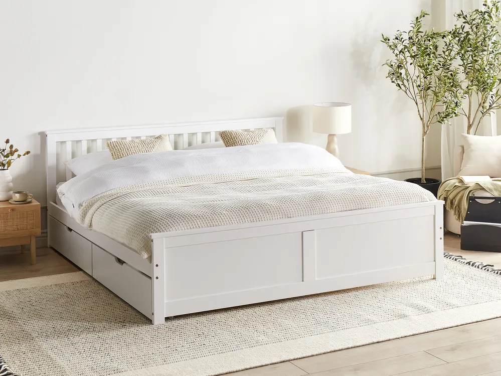Bett mit 4 Schubladen OLENDON Kiefernholz Weiß 180 x 200 cm_954914