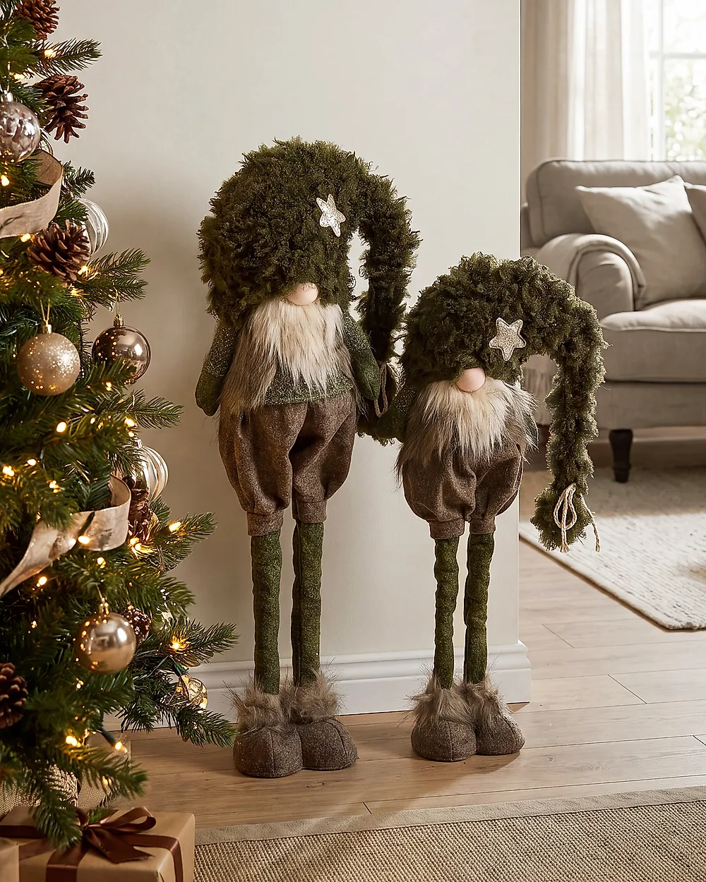 Weihnachtsdekoration 2er Set PORRAS 44-57/57-70 cm Zwerg Braun / Grün